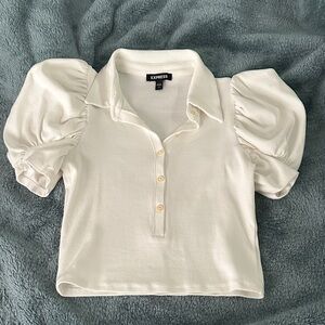 Express White Puff Sleeve Button-Front Polo Top Off White